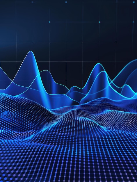 Photo abstract digital landscape with blue waveforms and glowing grid on a dark background