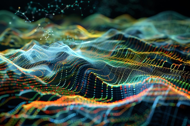 Photo abstract digital landscape with glowing particles and lines