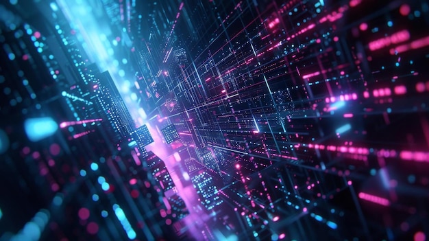 Abstract digital matrix background with glowing neon blue and pink lights