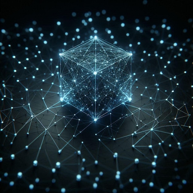 Abstract Digital Network with Glowing Geometric Shapes and Connecting Nodes