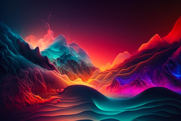 An abstract digital painting of mountains and water Generative AI