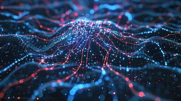 Photo abstract digital rendering of a glowing blue and red data network