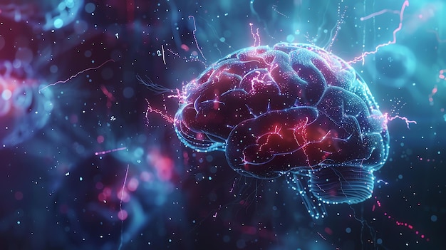 Abstract digital rendering of a glowing human brain with electrical currents