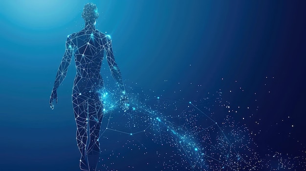 Abstract Digital Representation of Human Body A Low Poly Wireframe Silhouette on a Blue Background