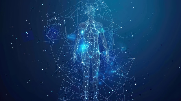 Abstract Digital Representation of Human Body A Low Poly Wireframe Silhouette on a Blue Background