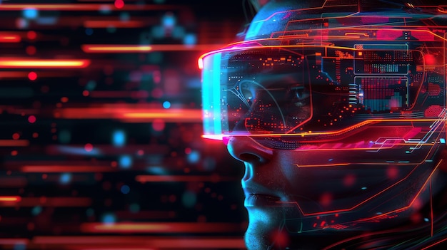 abstract digital technology concept background of man wearing 3d goggle headset overlay with digital