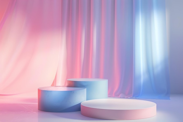 Abstract display podiums with silky draped background in soft pastel colors