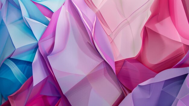 Abstract display of vibrant paperlike folds in shades of pink purple and blue creating a dynamic and colorful composition