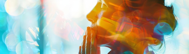 Photo abstract double exposure image of thoughtful person with colorful bokeh light overlay representing c