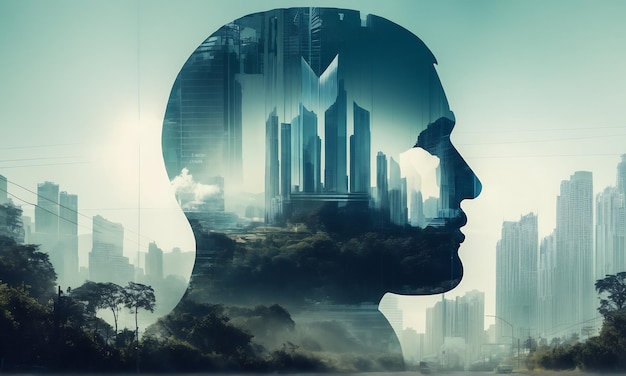 abstract double exposure portrait blended with architecture light head mind concept