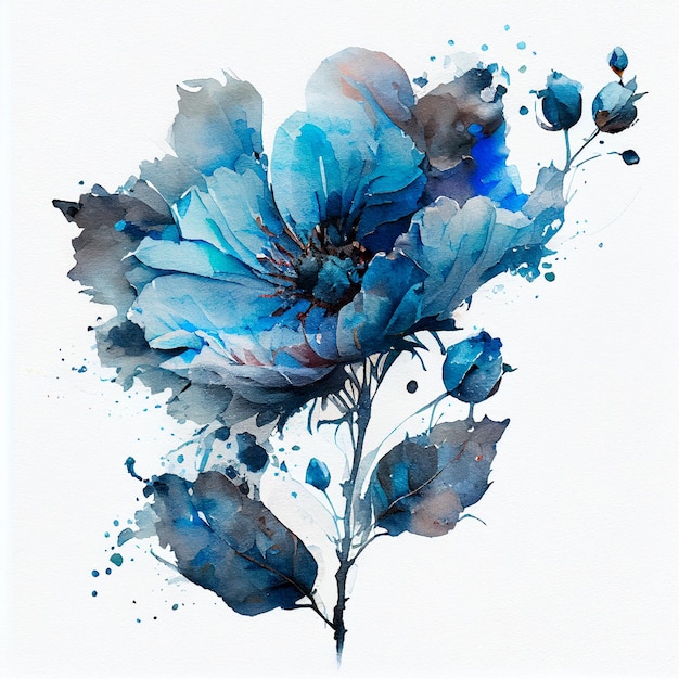 Abstract double exposure watercolor blue flower Digital illustration