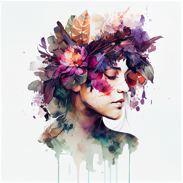 Abstract double exposure watercolor flower crown Digital illustration