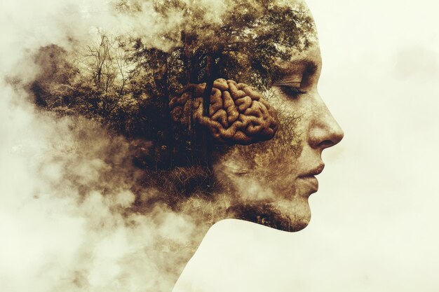 Abstract double exposure of womans profile disintegrating into particles symbolizing breakdown of