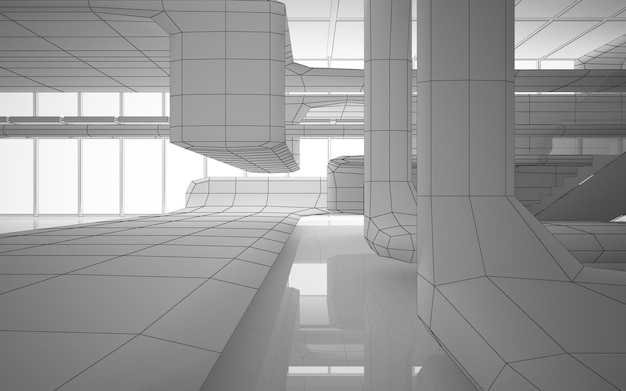 Abstract drawing white interior multilevel public space with window. 3D illustration and rendering.