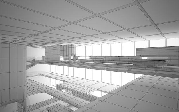 Abstract drawing white interior multilevel public space with window. 3D illustration and rendering.