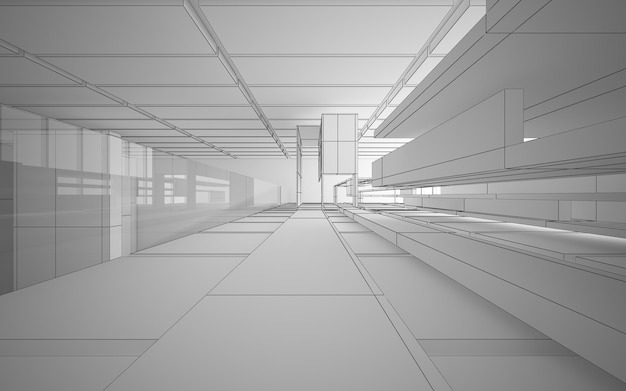 Abstract drawing white interior multilevel public space with window. Polygon black drawing. 3D