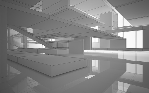 Abstract drawing white interior multilevel public space with window. Polygon black drawing. 3D