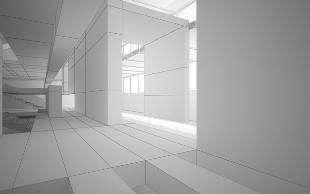 Abstract drawing white interior multilevel public space with window. Polygon black drawing. 3D