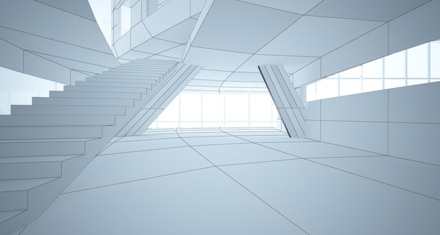 Abstract drawing white interior multilevel public space with window Polygon black drawing 3D