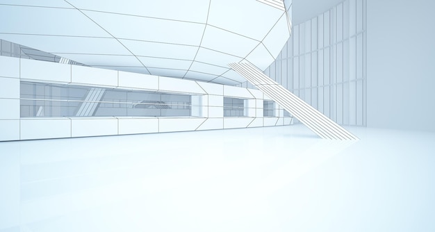 Abstract drawing white interior multilevel public space with window Polygon black drawing 3D