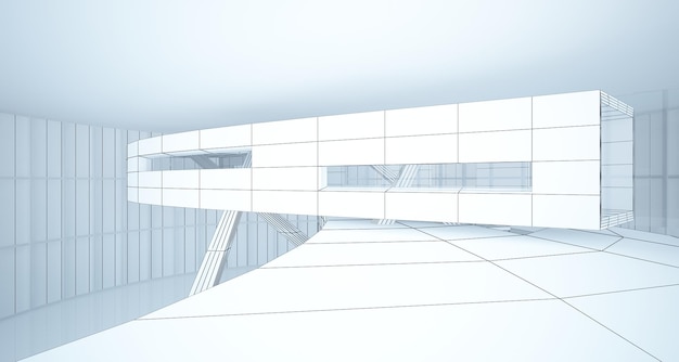 Abstract drawing white interior multilevel public space with window Polygon black drawing 3D