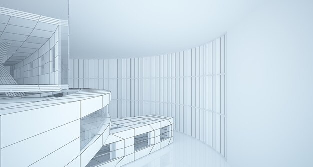 Abstract drawing white interior multilevel public space with window Polygon black drawing 3D