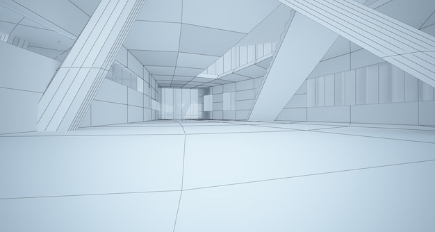 Abstract drawing white interior multilevel public space with window Polygon black drawing 3D