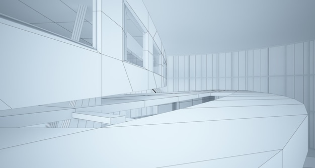 Abstract drawing white interior multilevel public space with window Polygon black drawing 3D