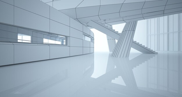 Abstract drawing white interior multilevel public space with window Polygon black drawing 3D