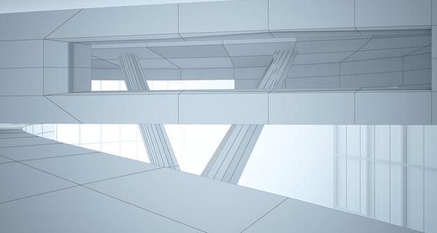 Abstract drawing white interior multilevel public space with window Polygon black drawing 3D