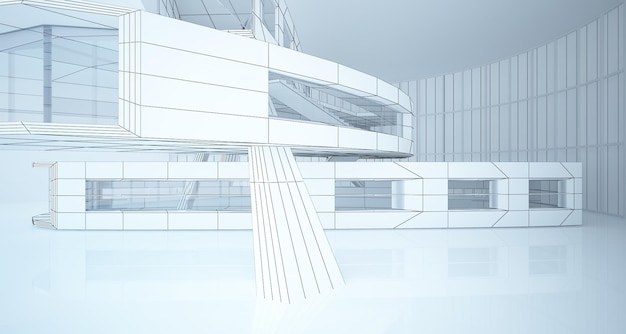 Abstract drawing white interior multilevel public space with window Polygon black drawing 3D