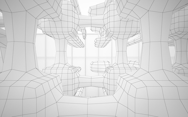 Abstract drawing white parametric interior Polygon black drawing 3D illustration and rendering