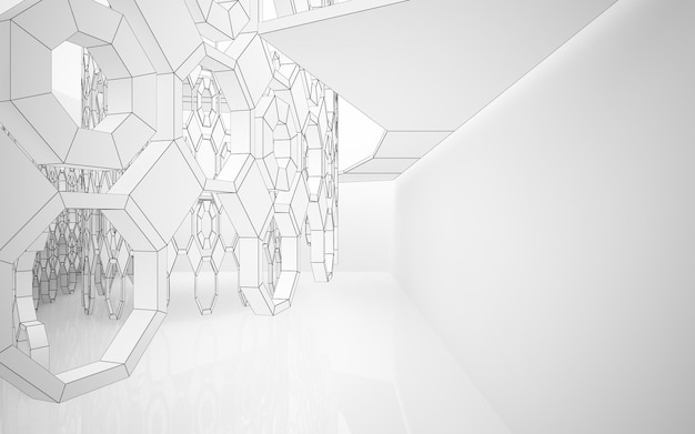 Abstract drawing white parametric interior. Polygon black drawing. 3D illustration and rendering.