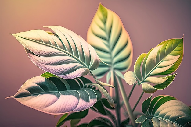 An abstract and dreamy photograph of a cluster of green plant leaves with their natural shapes and patterns enhanced by a soft pastel color scheme Generated by AI