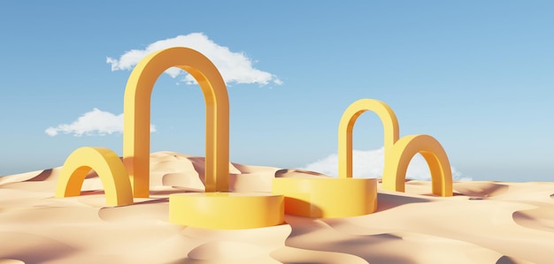 Abstract Dune cliff sand with metallic Arches and clean blue sky Surreal minimal Desert natural landscape background Scene of Desert with glossy metallic arches geometric design 3D Render