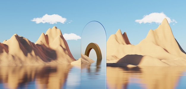 Abstract Dune cliff sand with metallic Arches and clean blue sky Surreal minimal Desert natural landscape background Scene of Desert with glossy metallic arches geometric design 3D Render