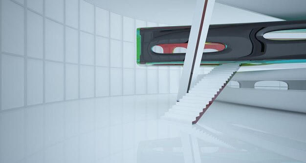 Abstract dynamic interior with colored gradient smooth objects 3D illustration and rendering