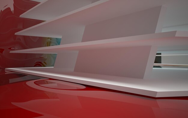 Abstract dynamic interior with colored objects. 3D illustration and rendering