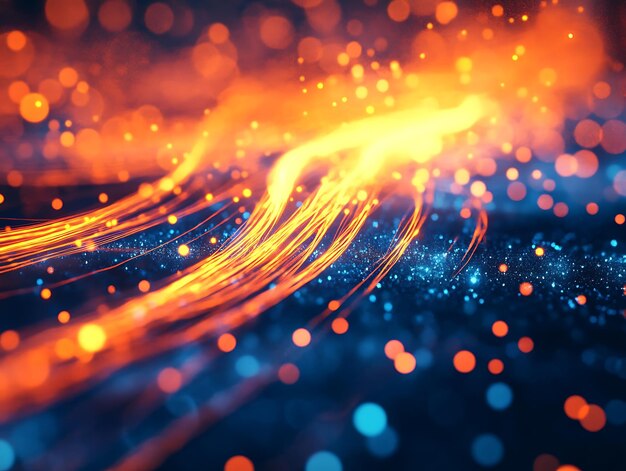 Photo abstract dynamic neon light trails with glowing particles in vibrant orange and blue color contrast