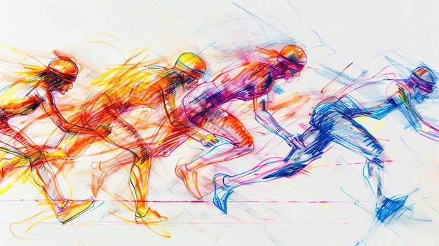 Photo abstract dynamic powerful drawing of a group of female curvey sprinters in a race olympic