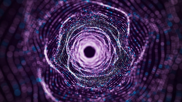 Abstract dynamic wireframe tunnel on purple background Deep wavy wormhole Futuristic particle flow 3d rendering