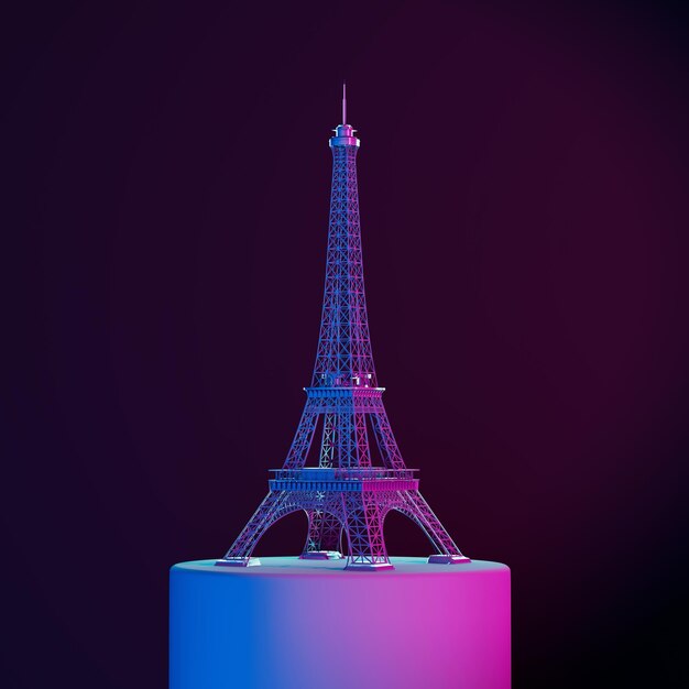 Photo abstract eiffel tower building on a pedestal in neon light 3d rendering