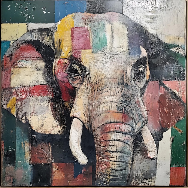 Abstract Elephant Painting in Colorful Squares