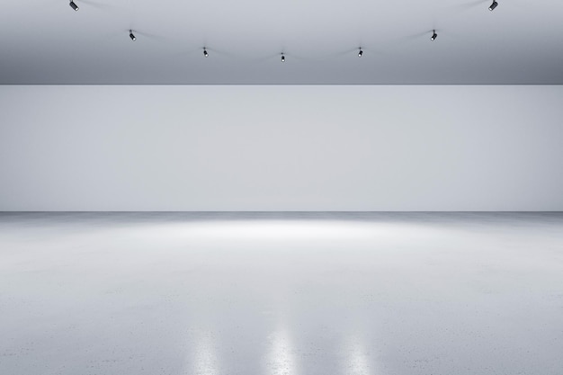 Abstract empty exhibition hall with spotlight and grey concrete floor and blank wall Gallery or modern museum background mockup 3D Rendering