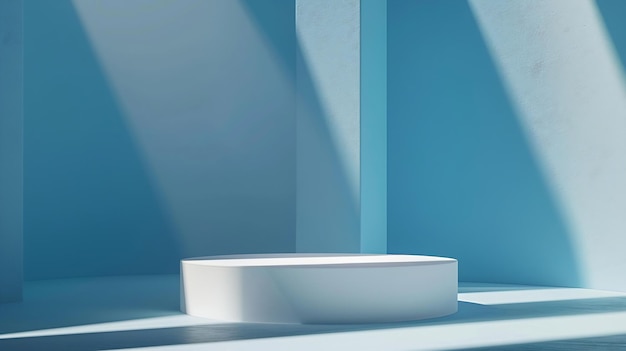 Abstract empty white podium with geometric shadows on blue background Mock up stand Generative AI