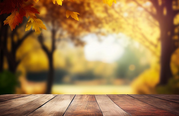 Abstract empty wooden desk tabletop with copy space over autumn trees blurred background display