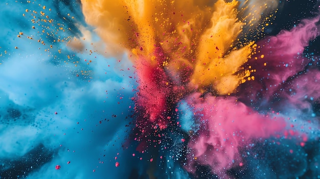 Abstract explosion of colorful powder in shades of blue pink yellow and red