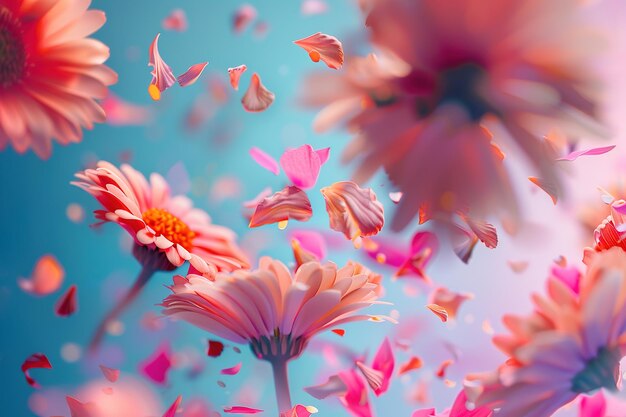 Photo abstract explosion of many colorful flowers and petals on a uniform background