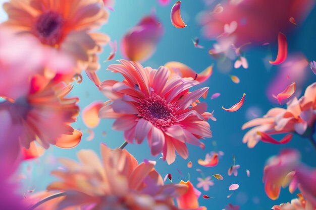 Photo abstract explosion of many colorful flowers and petals on a uniform background