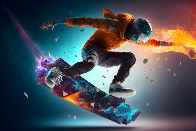 Abstract extreme sports lover performs leap into infinity with fictional skateboard or snowboard Neural network generated art